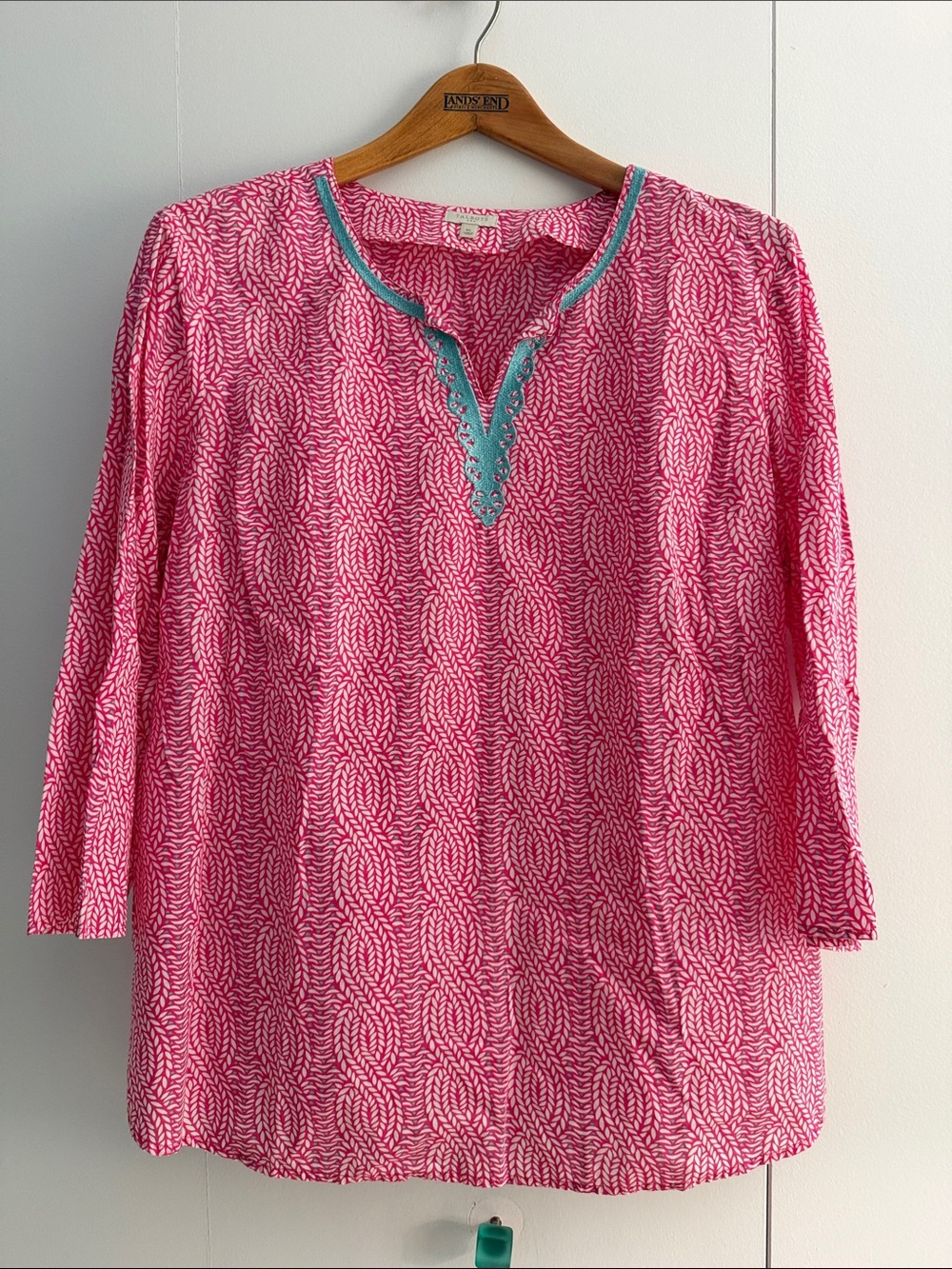 Talbots Pink Tunic with Aqua Embroidered Split Neck